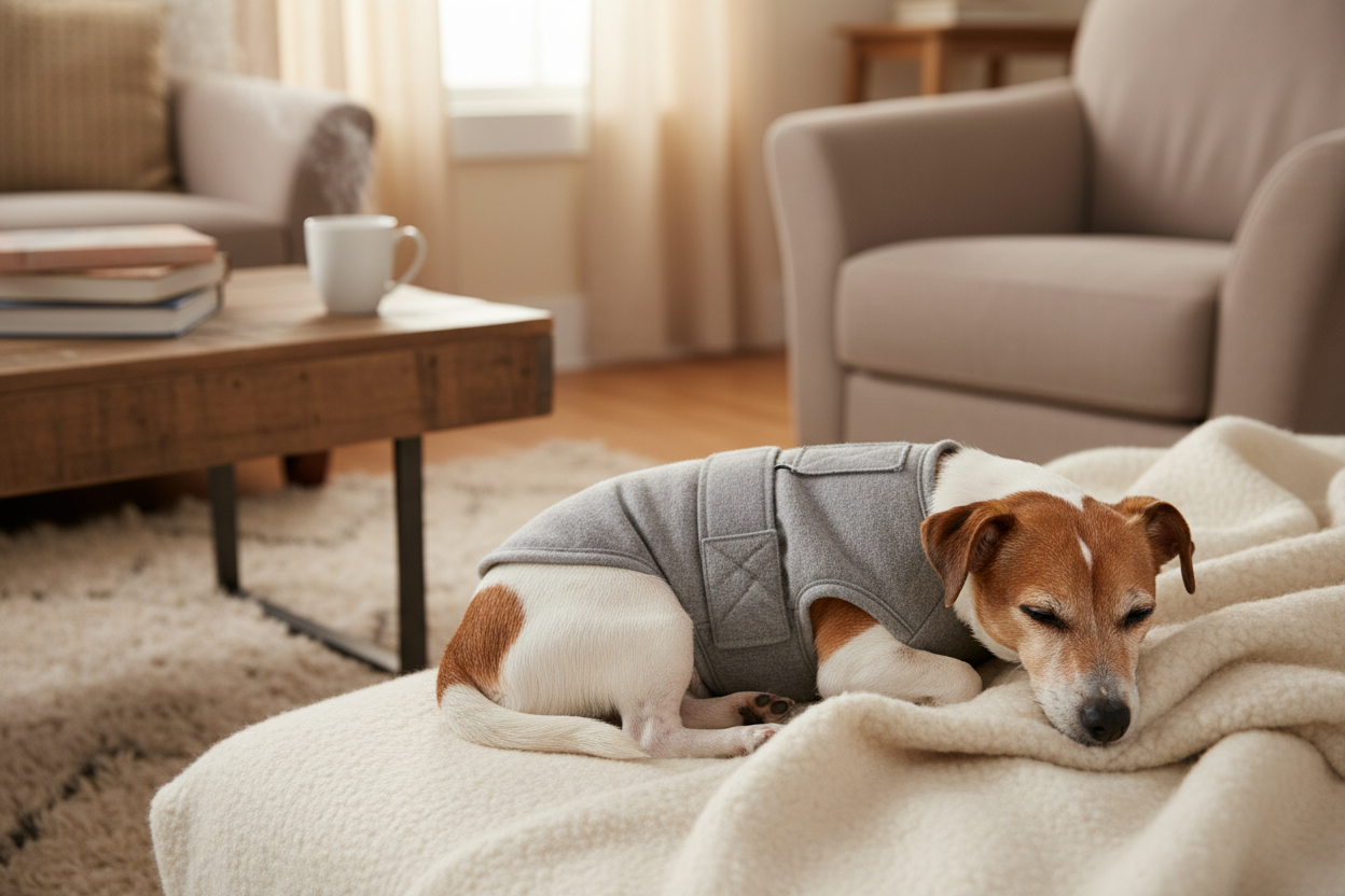 Small dog in calming jacket