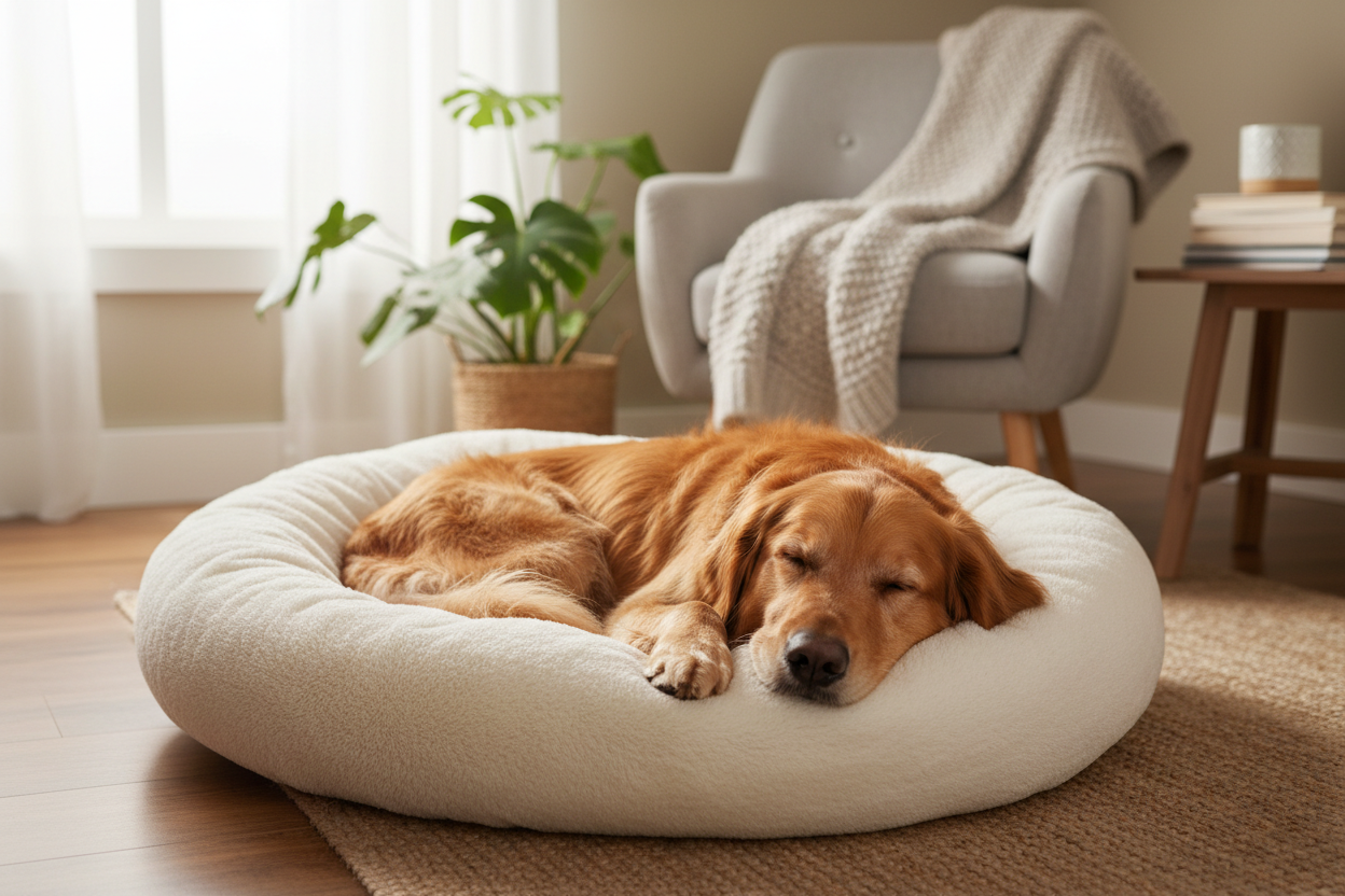 Dog sleeping in anti-anxiety donut bed