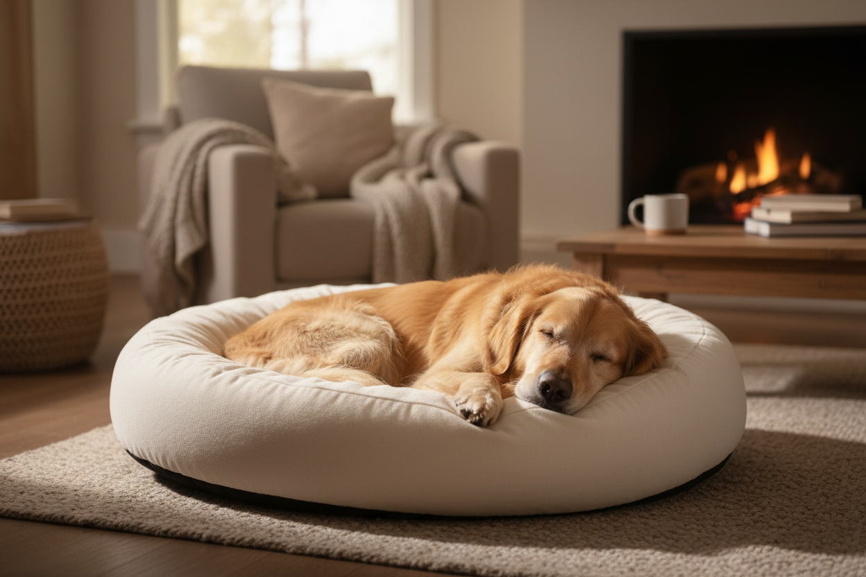 Dog sleeping in calming donut bed